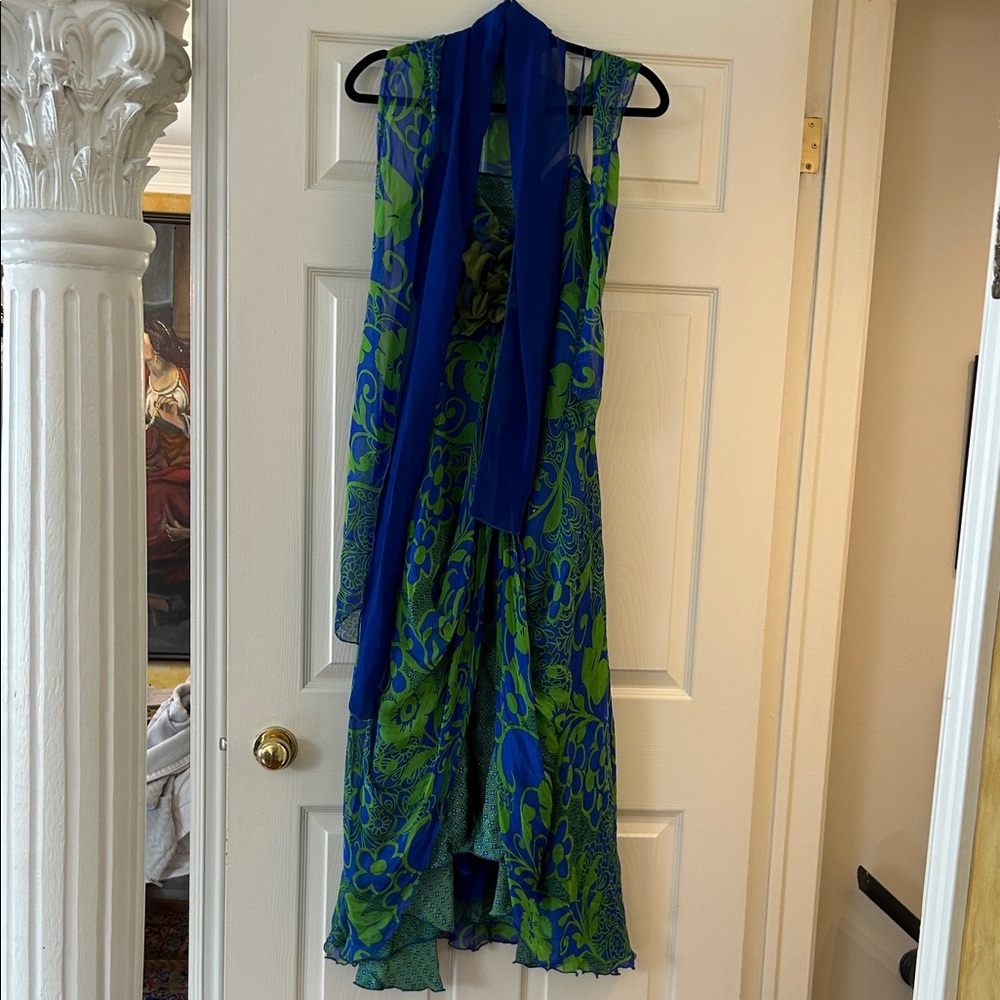 Floral Green & Blue Sleeveless Maxi Dress with Scarf